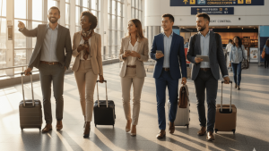 Multinational business travelers in Ghana experiencing seamless customer journey in hospitality
