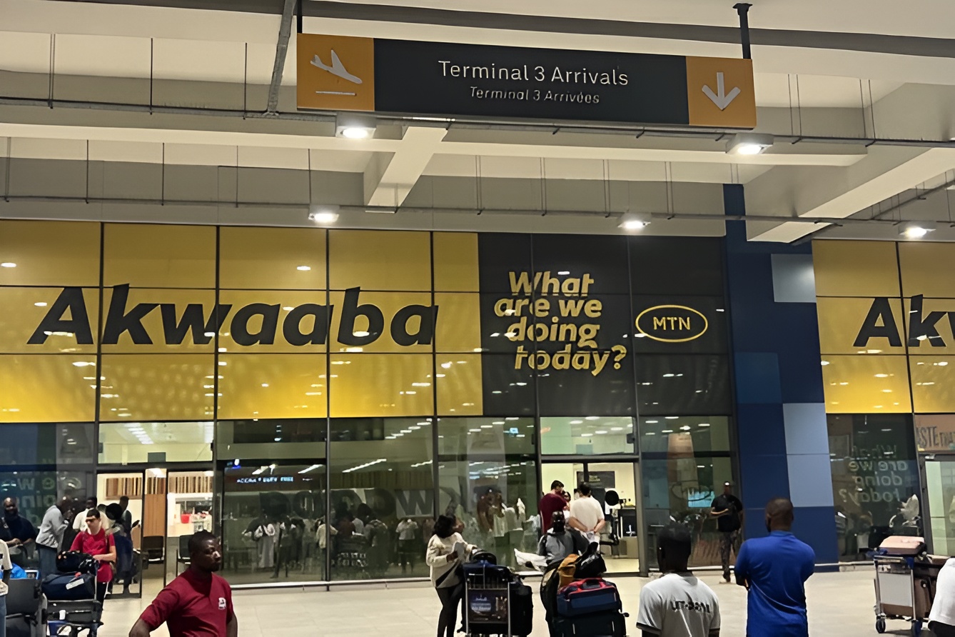 Business travel in Ghana – international travelers arriving at Kotoka International Airport Terminal 3 in Accra.