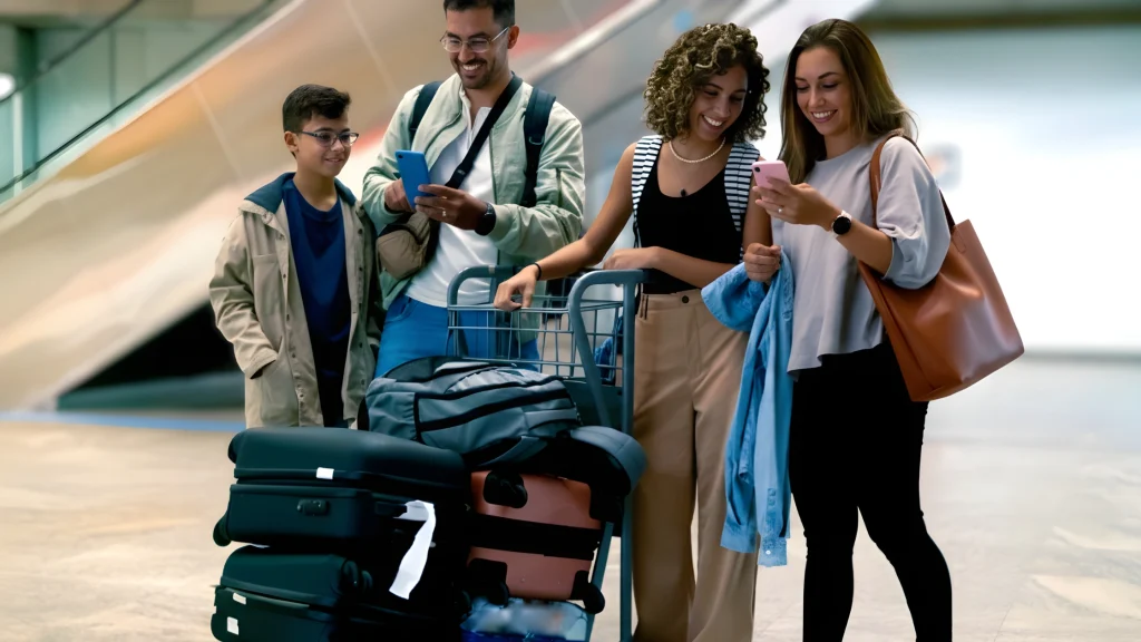 A family managing several suitcases on a cart at an airport, highlighting the logistical challenges of moving that can be simplified with professional expat relocation support