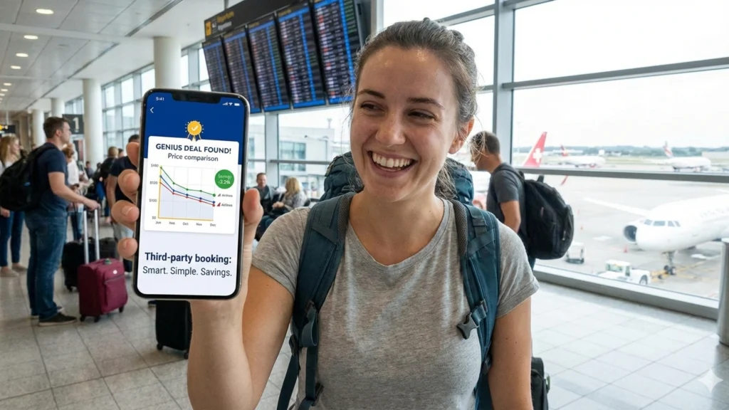 A happy traveler at an airport terminal displaying a 'genius deal' and savings graph on a smartphone, illustrating the benefits of a smart third-party flight booking strategy.