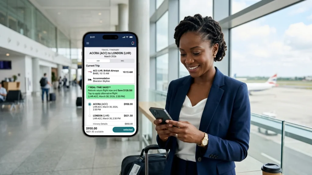 A business professional at an airport using a travel management app that displays a real-time AI notification to save $128.50 on a flight from Accra to London.