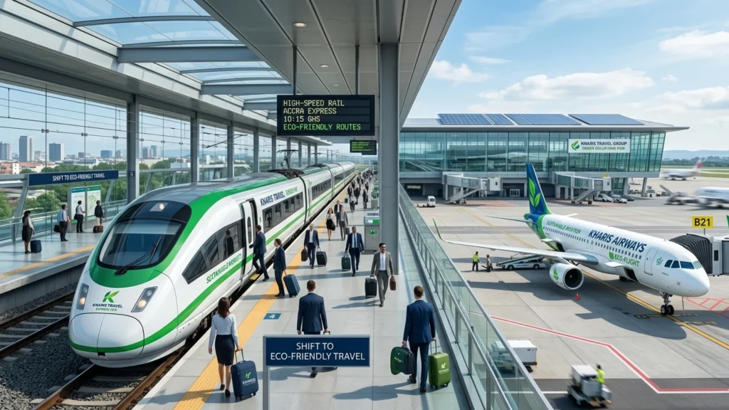 A modern, sleek high-speed train at a brightly lit station platform, representing the corporate shift toward eco-friendly and sustainable business travel alternatives to short-haul flights.
