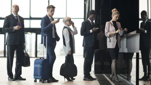 A diverse group of professionals in business attire waiting in line with luggage, illustrating the best business travel practices for managing airport transitions efficiently.