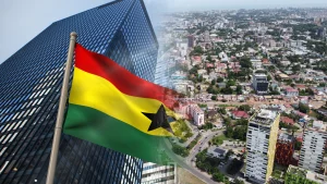The Ghana flag waving against a modern Accra city skyline, illustrating the legal path for a work permit vs residence permit.