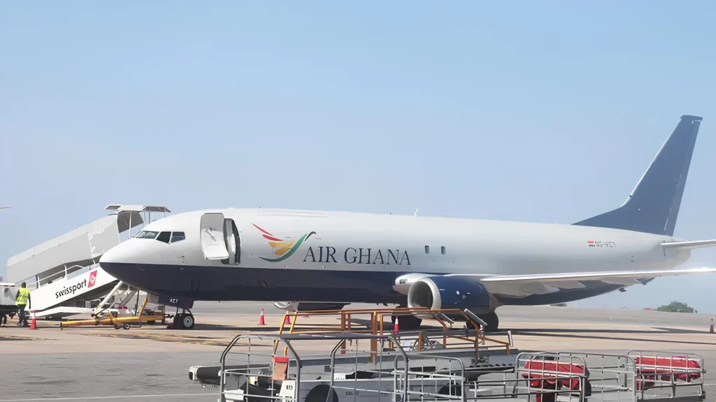 The new Air Ghana Boeing 737-400 freighter on the tarmac in Accra, demonstrating how Air Ghana increases cargo fleet capacity to support regional trade in 2026.
