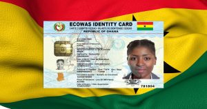 Diaspora Ghana Card and ECOWAS Identity Card displayed against the Ghana flag, illustrating identity verification and citizenship services for Ghanaians living abroad.