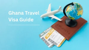 A flat lay composition featuring a toy airplane, miniature globe, passport, and boarding passes on a light blue background, used as an image representing Ghana travel visa guide.