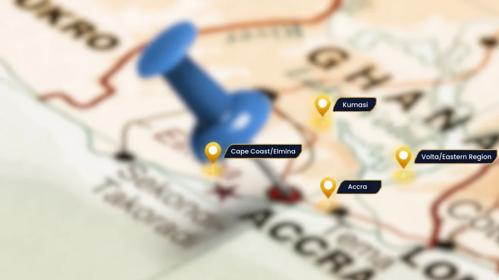A map of Ghana featuring location pin markers highlighting prime Corporate Retreat Destinations, including Accra, Cape Coast/Elmina, Kumasi, and the Volta/Eastern Region.